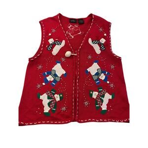 In Resource Christmas Sweater Vest L Red Snowman Embroidered Zip Ugly Holiday